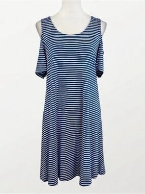 Cupio Cold Shoulder Shift Dress Size Small Blue White Stripes Cotton Knee Length